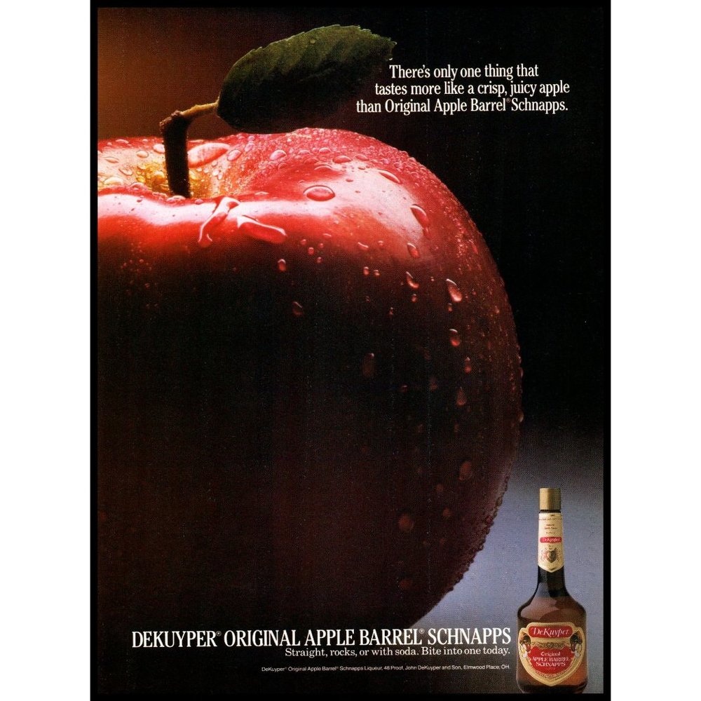 1985 Dekuyper Apple Barrel Schnapps Vintage Print Ad Red Bar Man Cave Wall Art